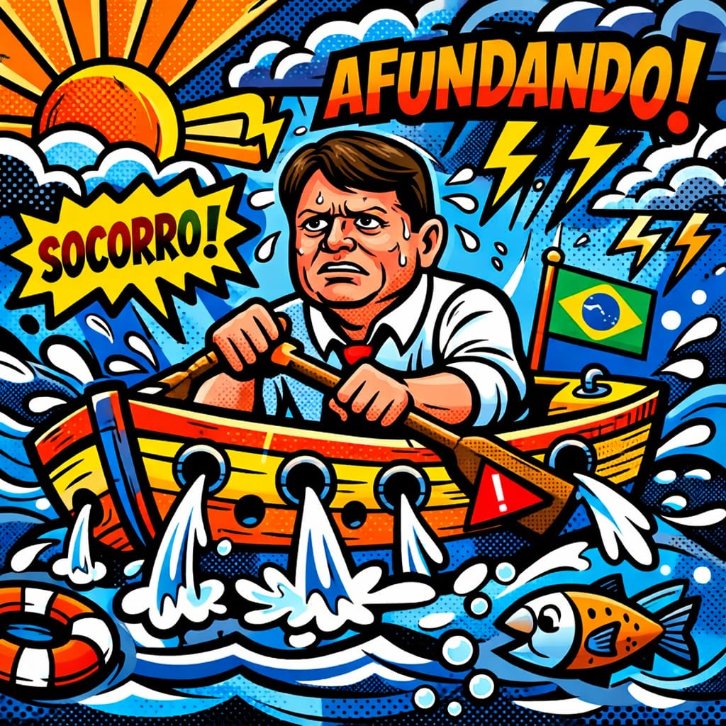 Bolsonaro remando um barco furado.